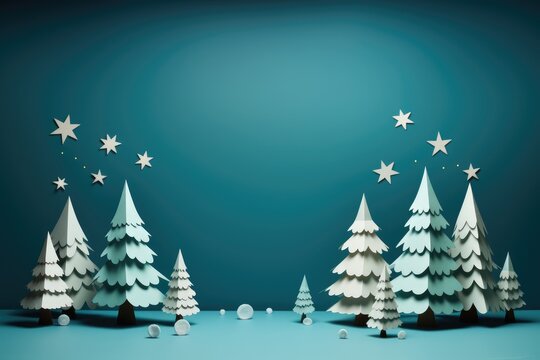 Christmas banner postcard in paper cut style. Illustration of a decorated Christmas tree with snow falling on a blue background, 3D illustration