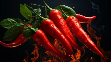 Glasschilderij  Red hot chilli peppers on fire burning on dark background  © ND STOCK