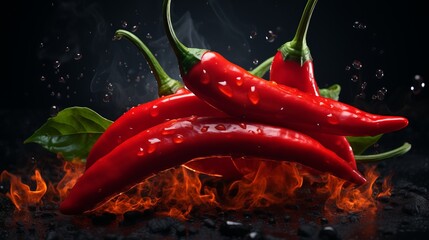 Red hot chilli peppers on fire burning on dark background