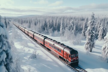 A train traveling on a railway in the snow in winter. top view, shooting from a drone - obrazy, fototapety, plakaty
