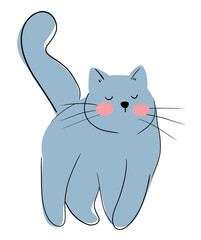 Blue cartoon cat walks comfortably on a white background.