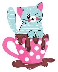 Blue cat in a polka dot pink coffee cup with chocolates on a white background.