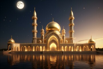 3D render of mosque adorned with a golden crescent and star. Generative AI