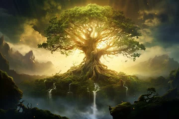 Foto op Plexiglas Yggdrasil, a Norse myth symbol, represents the life-giving tree. Generative AI © Giselle