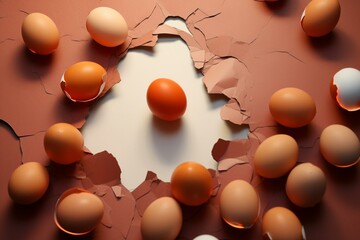 a cluster of vibrant eggs on a table beside a paper with a hole in its center. Generative AI