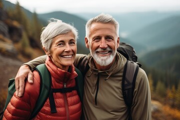 Senior couple admiring the scenic Pacific coast while hiking, filled with wonder at the beauty of nature during their active retirement. Exploring the great outdoors in the mountains, active lifestyle