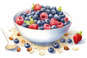 Bowl of cereal with fruits, nuts, blue splats, watercolors, and additional berries on white background. Generative AI