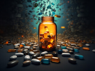 A jar filled with colorful pills on a table