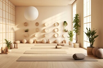 Neutral-toned yoga studio with wooden elements, featuring mats and fitballs. Generative AI - obrazy, fototapety, plakaty