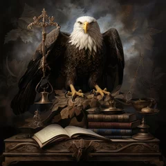 Poster The concept of court and judicial justice. Attributes: eagle, judge's scales, books © AlexanderD