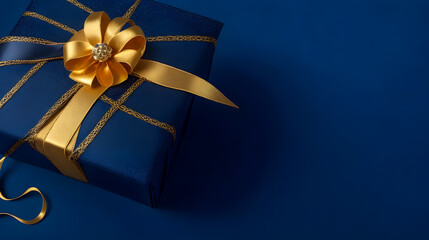 Dark blue gift box with gold satin ribbon on dark background - obrazy, fototapety, plakaty