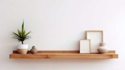 Wood floating shelf on white wall. Storage organization for home