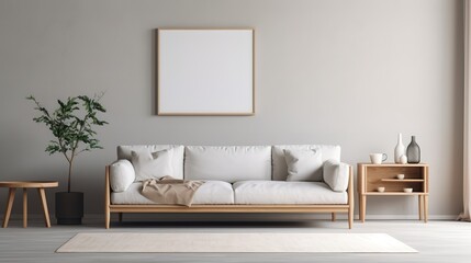 Fototapeta na wymiar Cozy white sofa against marble stone wall. Interior design of modern living room