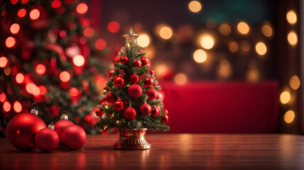 Fototapeta na wymiar Christmas Tree With Ornament And Bokeh Lights In Red Background
