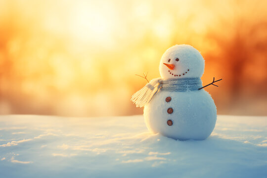A snowman standing in the snow at sunset