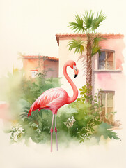 A Minimal Watercolor of a Flamingo in the Backyard of a Nice House in the Suburbs
