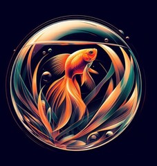 Goldfish in a round glass aquarium abstract art style