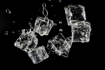 Three ice cubes with water splashing on them