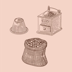 Coffee items set: capsule, beans and grinder