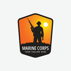 marine corps with sun and weapon logo design vector illustration - obrazy, fototapety, plakaty