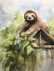 Obraz premium A Minimal Watercolor of a Sloth in the Backyard of a Nice House in the Suburbs