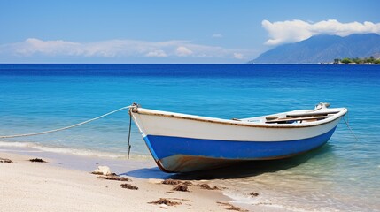 Naklejka na ściany i meble Small boat with beach background