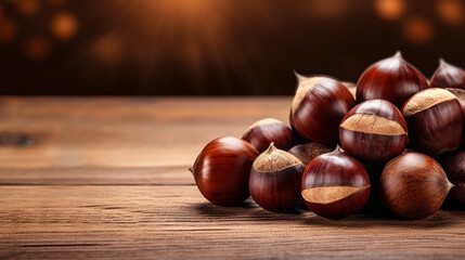 Obraz na płótnie Canvas Chestnuts Photo on Wood Background with Ample Copy Space