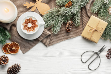 Cup of Coffee,  gift box and  christmas decorations