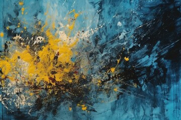 Obraz na płótnie Canvas Abstract painting with textured brush strokes and splatters in blue and yellow. Background resembles grunge graffiti. Generative AI