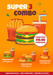 Fast food combo set. Hamburger, hot dog, fries. Vector illustration