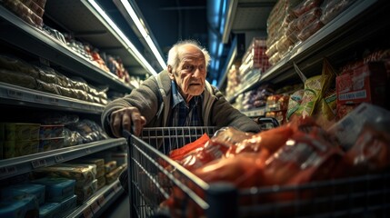 Fototapeta premium Elderly man takes groceries from a store shelf with full shopping cart in supermarket