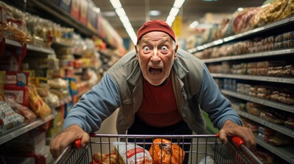 Elderly man takes groceries from a store shelf with full shopping cart in supermarket - obrazy, fototapety, plakaty