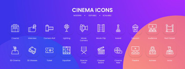 Cinema icon collection with black outline style. set, cinema, movie, entertainment, symbol, camera, collection. Vector Illustration