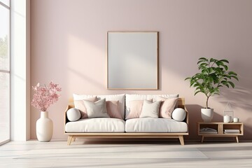 Canapé moderne dans une pièce neutre, dans un style de mise en scène minimaliste, multicolore, cottagecore, palettes de couleurs multiples, maquette. IA générative, IA