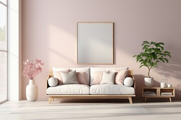 Naklejka premium Canapé moderne dans une pièce neutre, dans un style de mise en scène minimaliste, multicolore, cottagecore, palettes de couleurs multiples, maquette. IA générative, IA