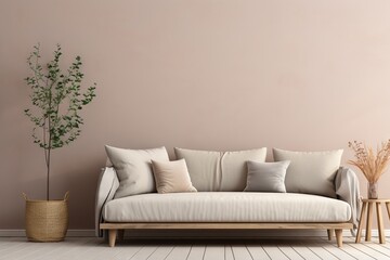 Canapé moderne dans une pièce neutre, dans un style de mise en scène minimaliste, multicolore, cottagecore, palettes de couleurs multiples, maquette. IA générative, IA
