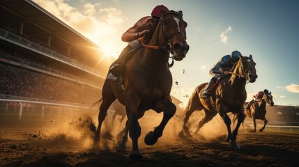 Horse racing, horses and jockeys battling for first position on the race track - obrazy, fototapety, plakaty