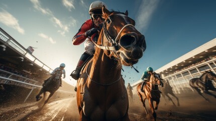 Horse racing, horses and jockeys battling for first position on the race track - obrazy, fototapety, plakaty