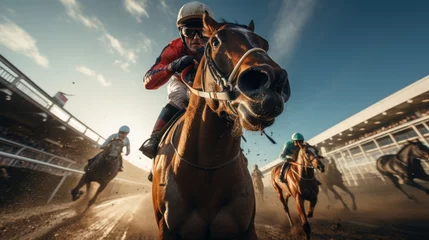 Foto op Plexiglas Horse racing, horses and jockeys battling for first position on the race track © sirisakboakaew