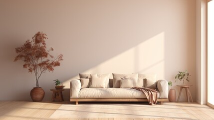 Canapé moderne dans une pièce neutre, dans un style de mise en scène minimaliste, multicolore, cottagecore, palettes de couleurs multiples, maquette. IA générative, IA - obrazy, fototapety, plakaty
