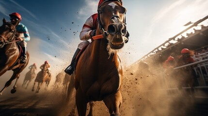 Horse racing, horses and jockeys battling for first position on the race track