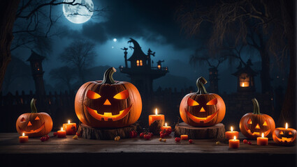 halloween background with pumpkin and spooky house