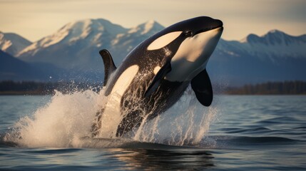 Kamchatka s orca performing impressive leap in Northwest Pacific - obrazy, fototapety, plakaty