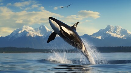 Kamchatka s orca performing impressive leap in Northwest Pacific - obrazy, fototapety, plakaty