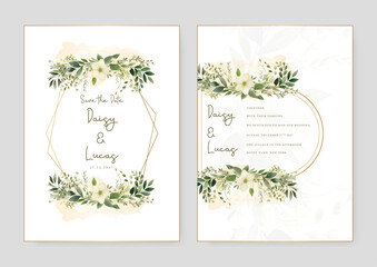 Fototapeta na wymiar White and green frangipani wedding invitation card template with flower and floral watercolor texture vector