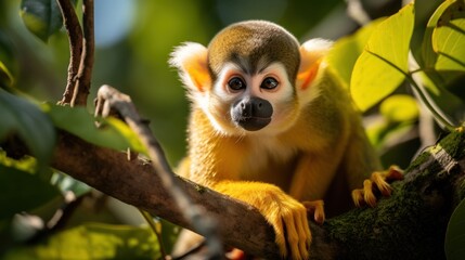 Observe the Ecuadorian jungles squirrel monkey in the Amazon - obrazy, fototapety, plakaty