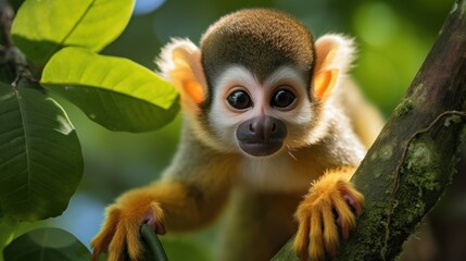 Naklejka na ściany i meble Observe the Ecuadorian jungles squirrel monkey in the Amazon