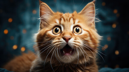 fluffy domestic cat with wide eyes and an open mouth is surprised, emotional portrait of an animal, shocked look, meowing, screaming, facial expression, home pet, feline, whiskers, fur