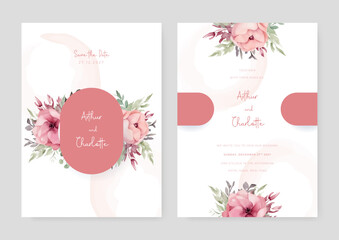 Pink peony set of wedding invitation template with shapes and flower floral border