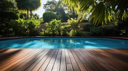Swimming pool in garden, Wooden floor - obrazy, fototapety, plakaty
